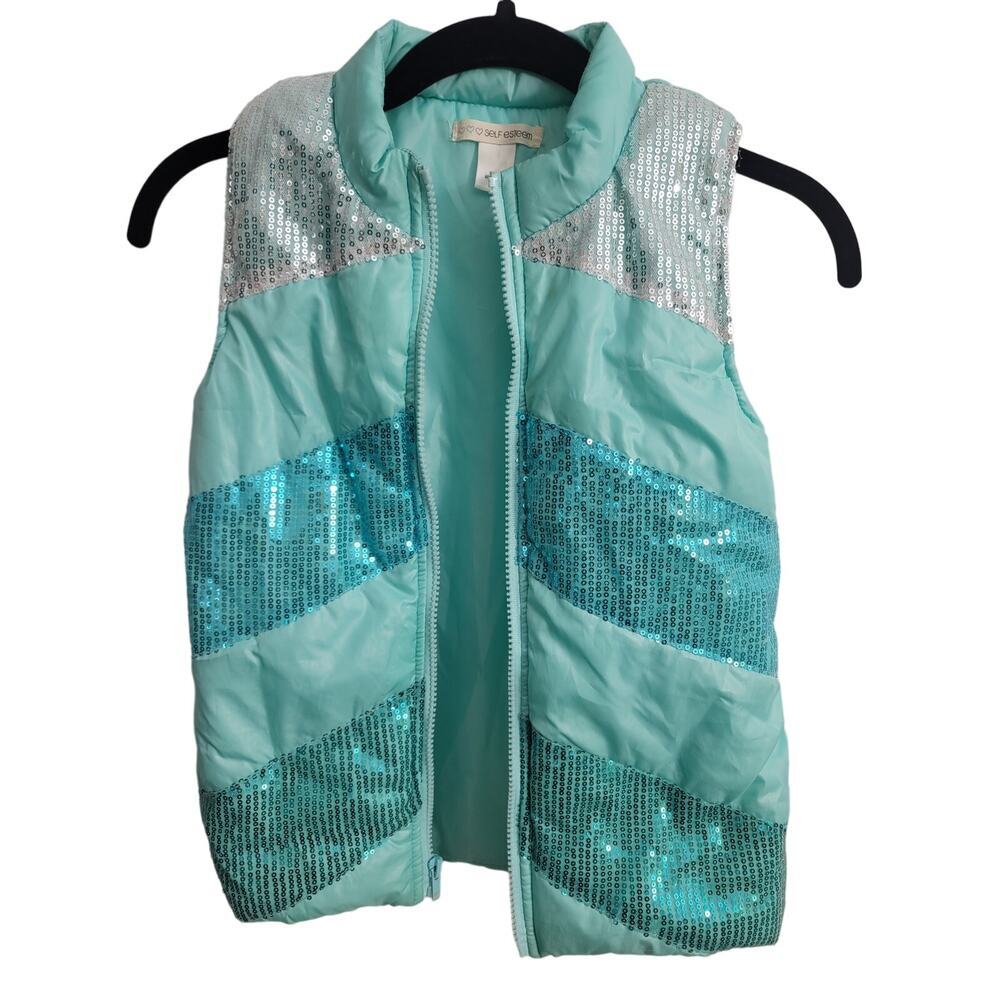 Green Sequined Puffer Vest Girls Size M 10/12